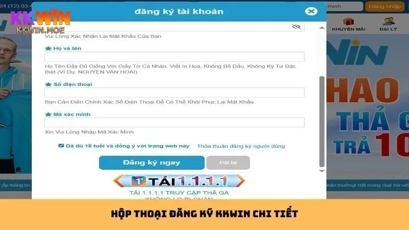 Hộp thoại đăng ký Kkwin xuất hiện để người chơi nhập thông tin